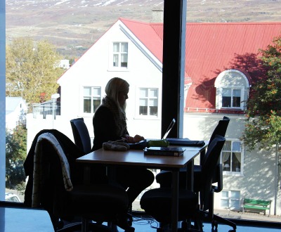 Picture of a woman sitting beside a window, studying, in the library