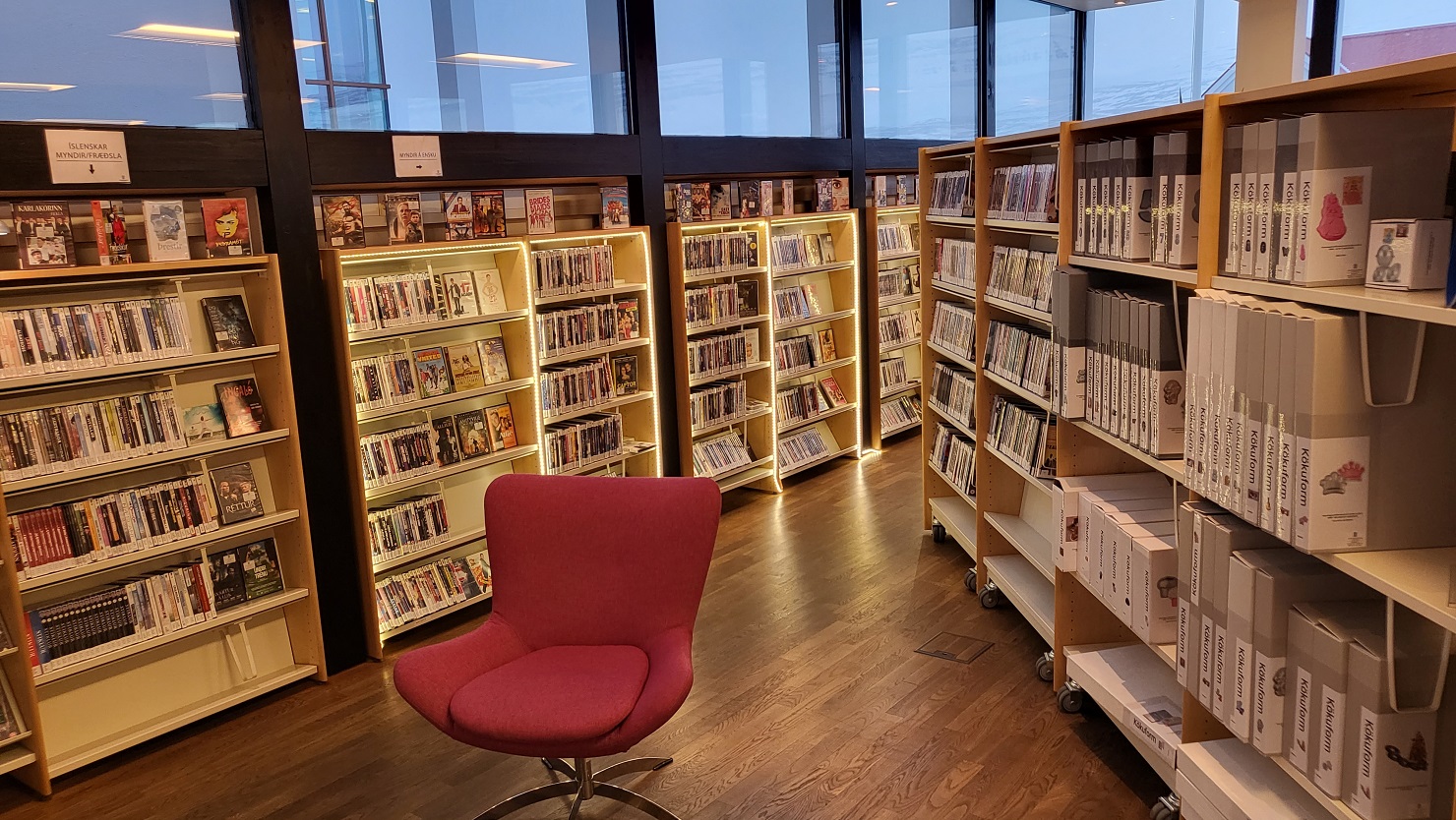 DVDs in shelves and a chair in front 
