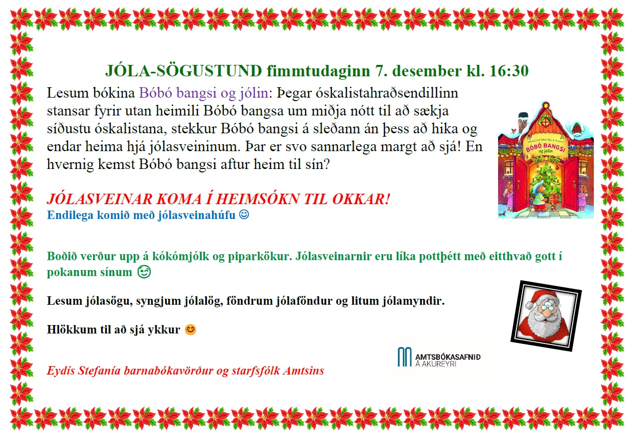 Picture of a book cover: Bobo the bear and Christmas (icel. Bóbó bangsi og jólin), plus ad for a storytime