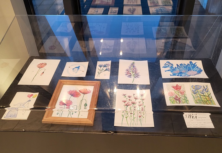 Picture of a exhibition case with a glass top which shows few watercolour paintings