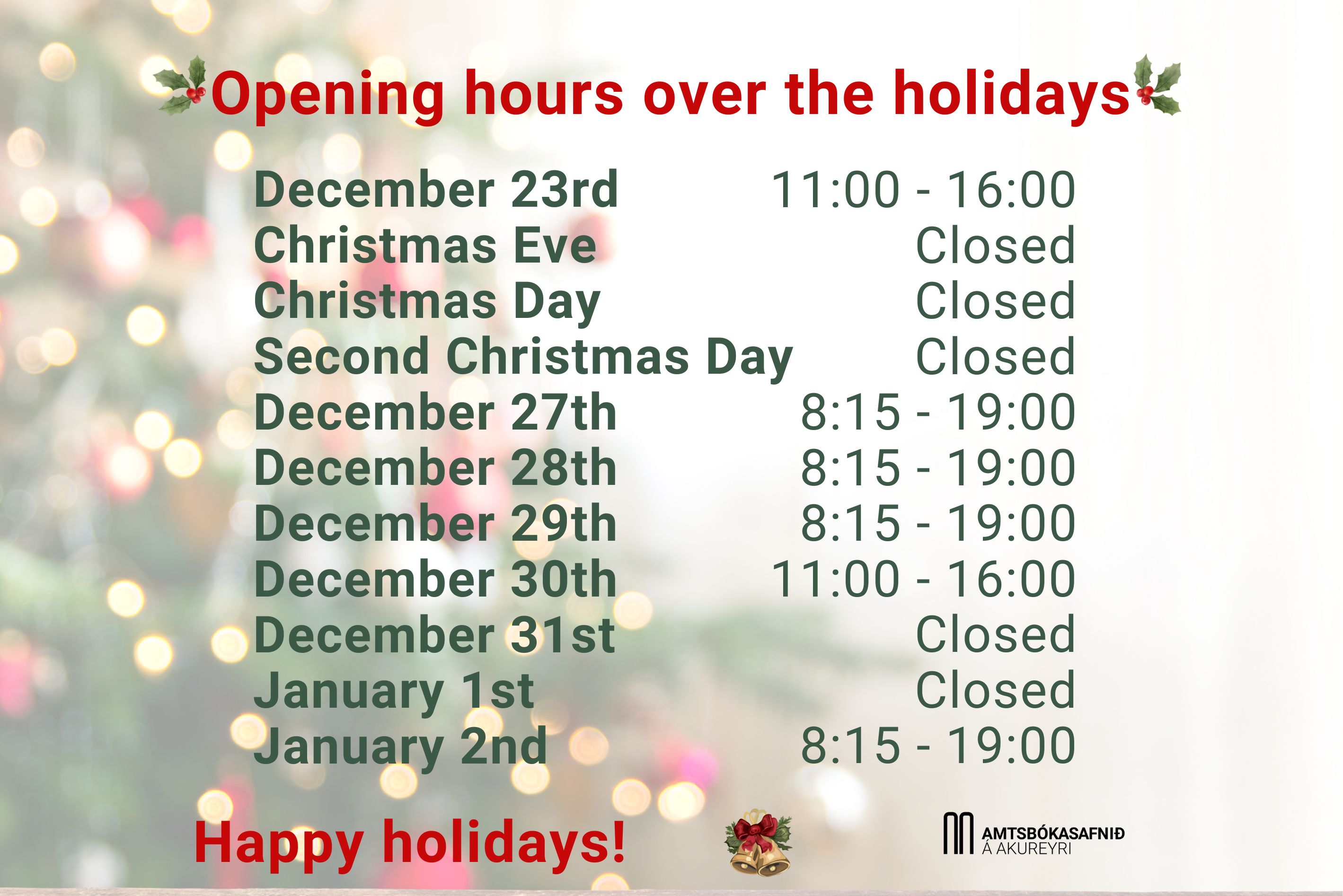 Opening hours of the library over Christmas and into the new year