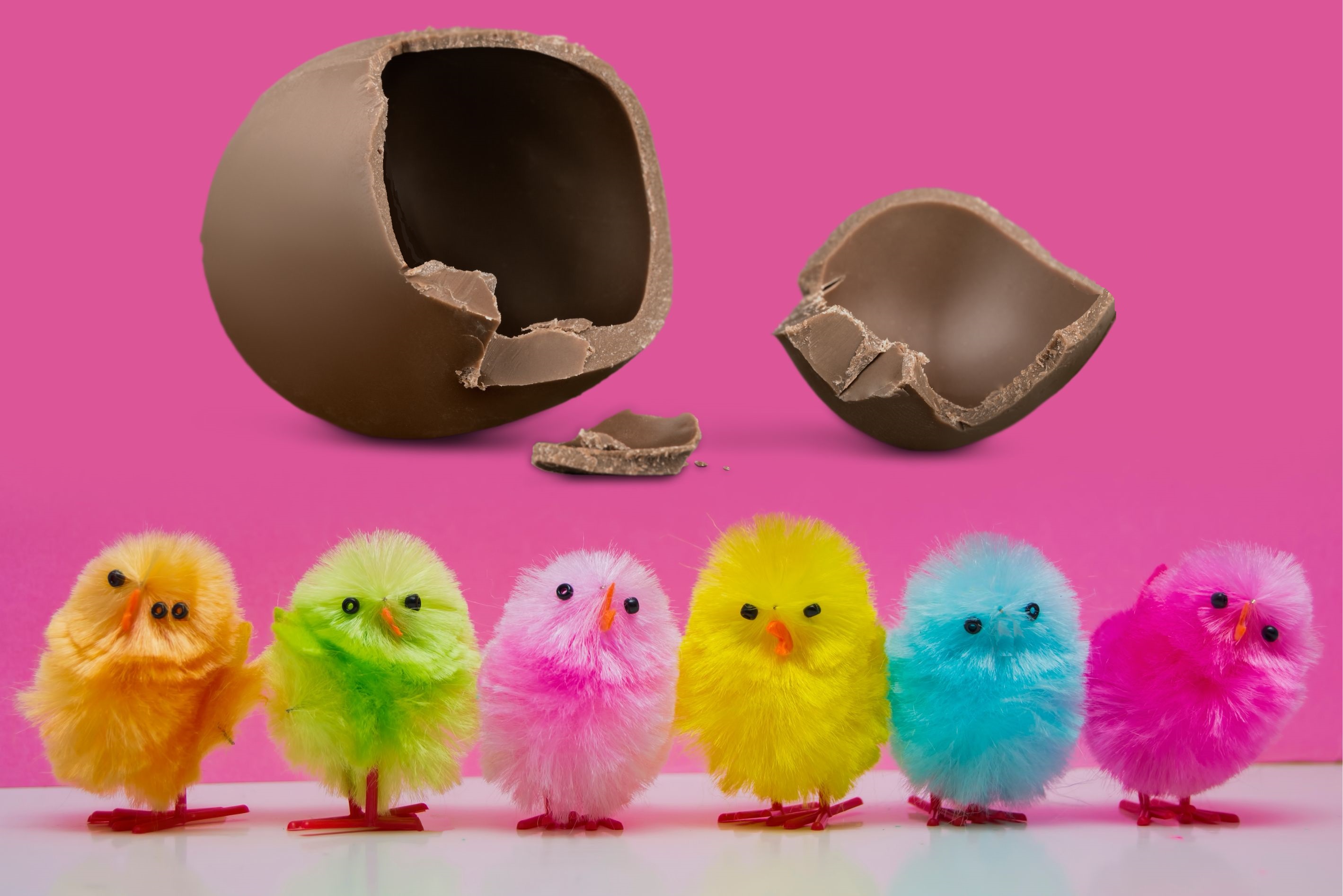 Broken easter egg with a pink background hovering over six differently coloured easter chicks