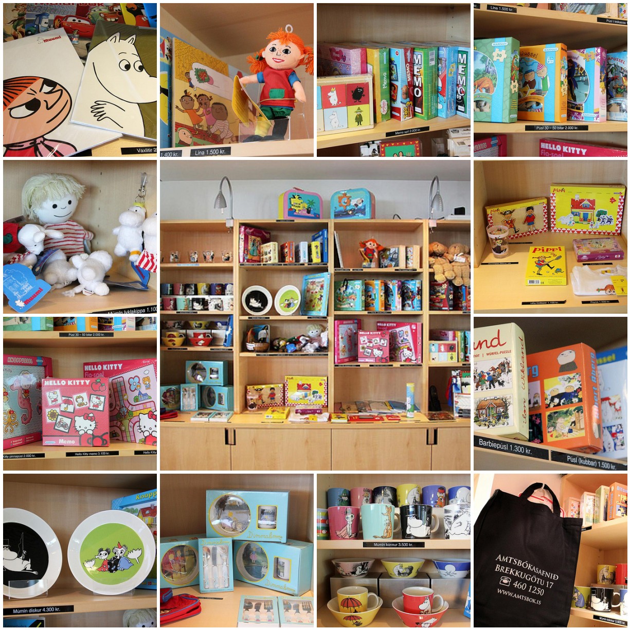 Picture of shelves with items to sell: puzzles, cups, bowls... various merchandize