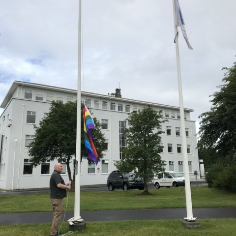 Ármann Óskar Jónsson húsvörður Ráðhúss flaggar regnbogafánanum. 